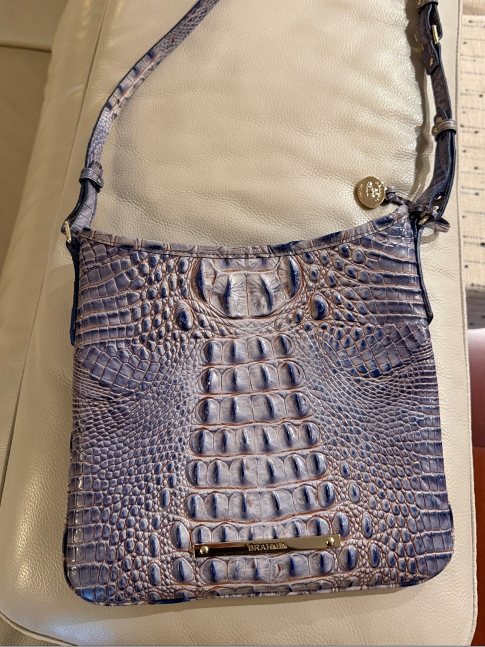 Brahmin Croc-Embossed Crossbody in Lavender and Navy